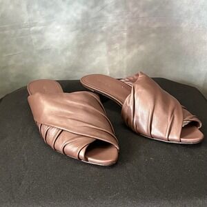 Vince Zoey Brown Ruched Leather Kitten Heel Mules Open Toe Sandals 7.5M EUR 37.5